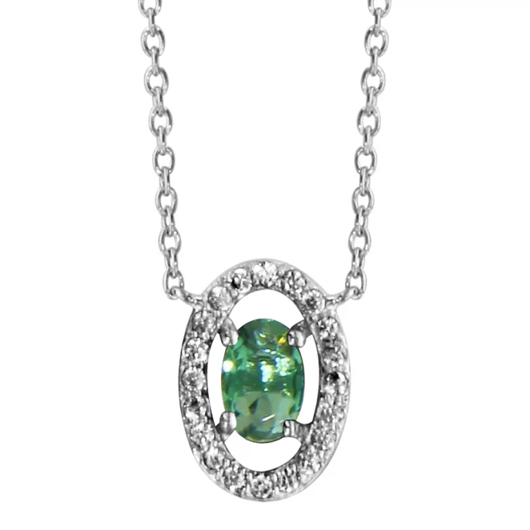 Collier ovale à verre vert entouré d’oxydes blancs – Argent 925 rhodié | Azuline