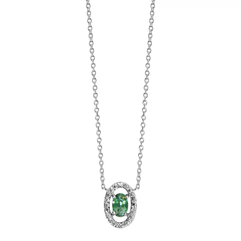 Collier ovale à verre vert entouré d’oxydes blancs – Argent 925 rhodié | Azuline