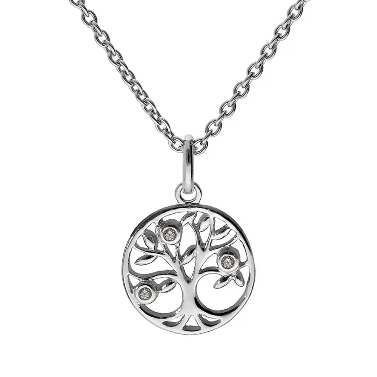 Collier médaille ronde arbre de vie découpé serti d’oxydes – Argent 925 rhodié | Azuline