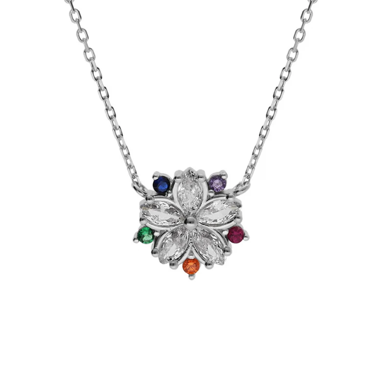 Collier fleur serti d’oxydes blancs et multicolores – Argent 925 rhodié | Azuline