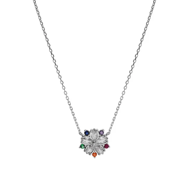 Collier fleur serti d’oxydes blancs et multicolores – Argent 925 rhodié | Azuline