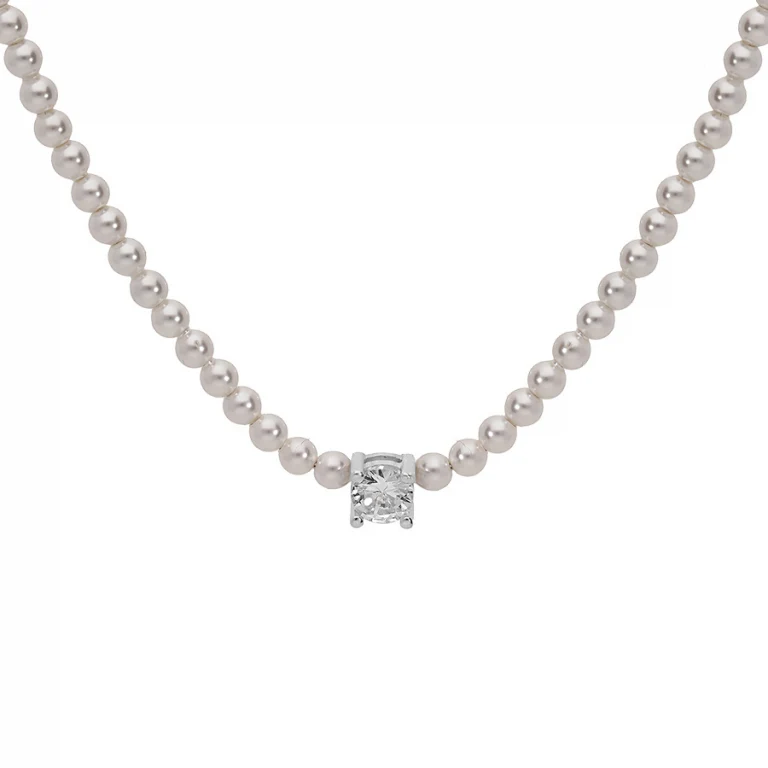 Collier perles blanches imitation et oxyde serti – Argent 925 rhodié | Azuline