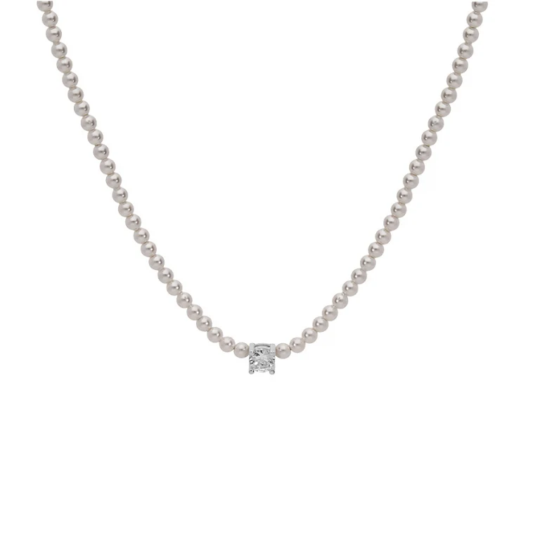 Collier perles blanches imitation et oxyde serti – Argent 925 rhodié | Azuline