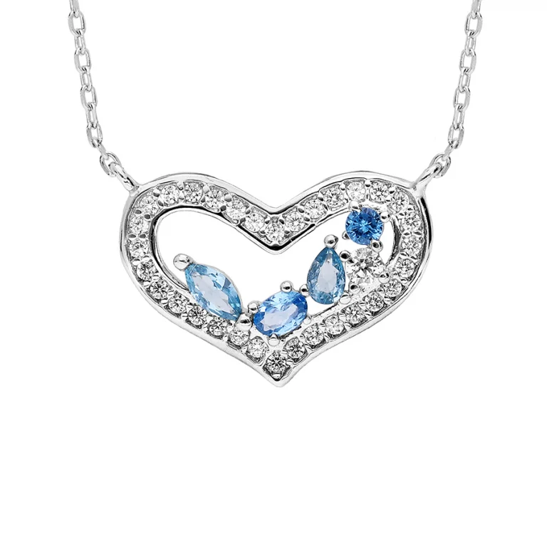 Collier cœur à navettes bleues et oxydes blancs – Argent 925 rhodié | Azuline