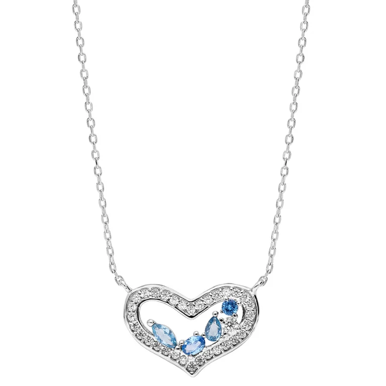 Collier cœur à navettes bleues et oxydes blancs – Argent 925 rhodié | Azuline