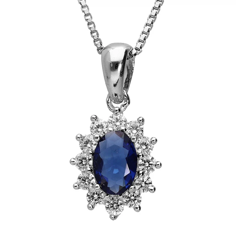 Collier royal à synthétique bleue ovale entourée de pierres blanches – Argent 925 rhodié | Azuline