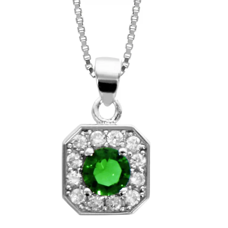 Collier carré à pierre verte et oxydes blancs – Argent 925 rhodié | Azuline