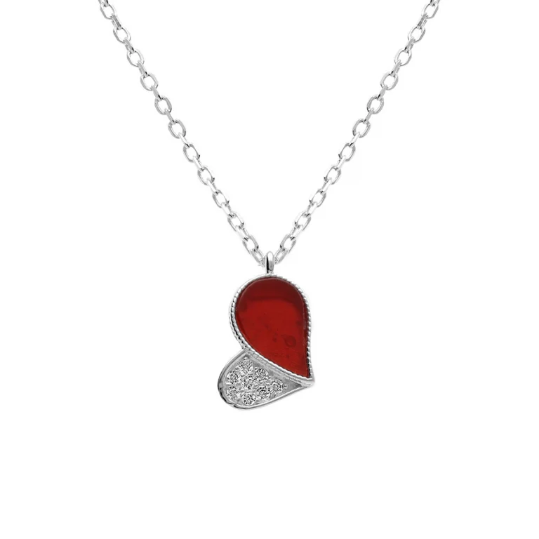 Collier cœur serti d’oxydes blancs et agate rouge – Argent 925 rhodié | Azuline