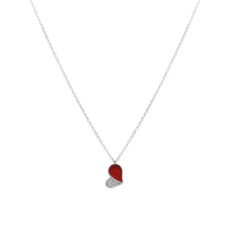Collier cœur serti d’oxydes blancs et agate rouge – Argent 925 rhodié | Azuline