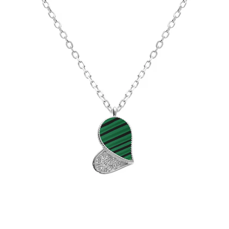 Collier cœur serti d’oxydes blancs, malachite véritable – Argent 925 rhodié | Azuline