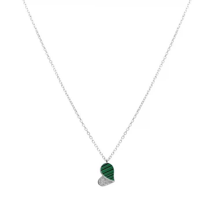 Collier cœur serti d’oxydes blancs, malachite véritable – Argent 925 rhodié | Azuline