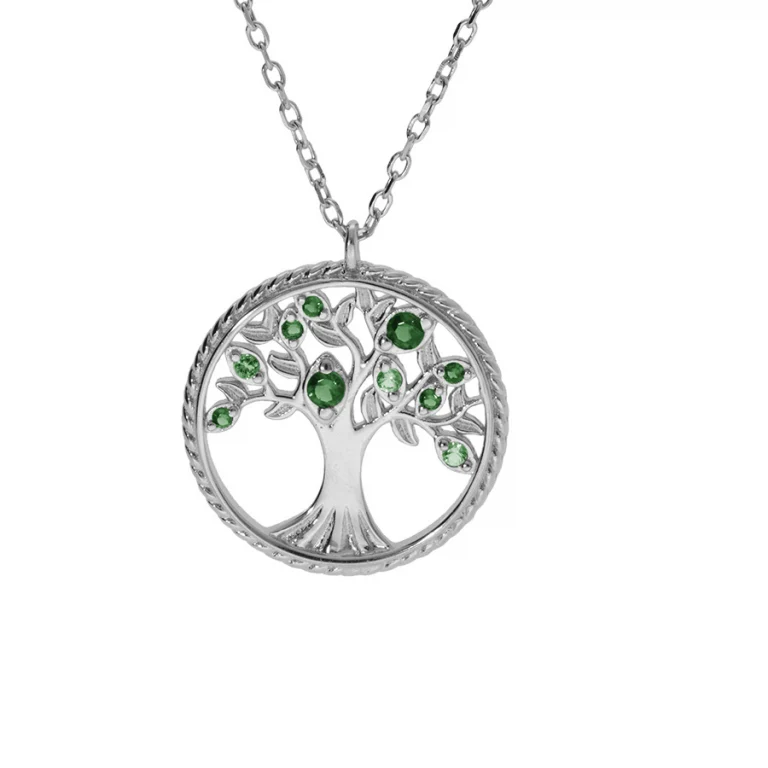 Collier arbre de vie serti d’oxydes verts texturé – Argent 925 rhodié | Azuline