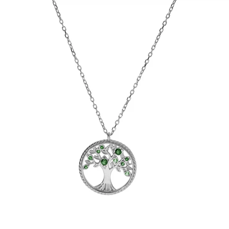 Collier arbre de vie serti d’oxydes verts texturé – Argent 925 rhodié | Azuline