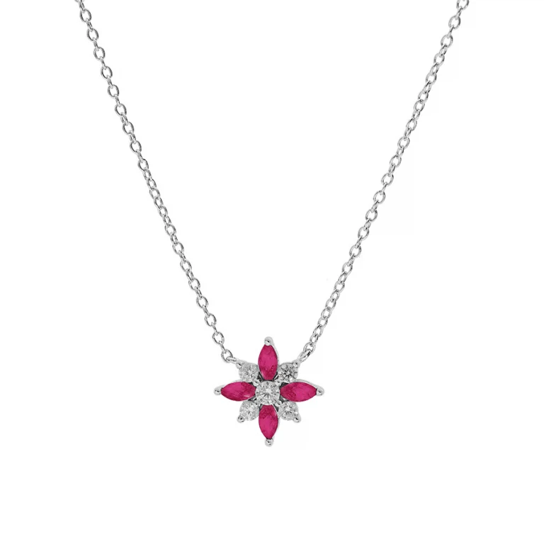 Collier fleur serti d’oxydes blancs et fuchsia – Argent 925 rhodié | Azuline