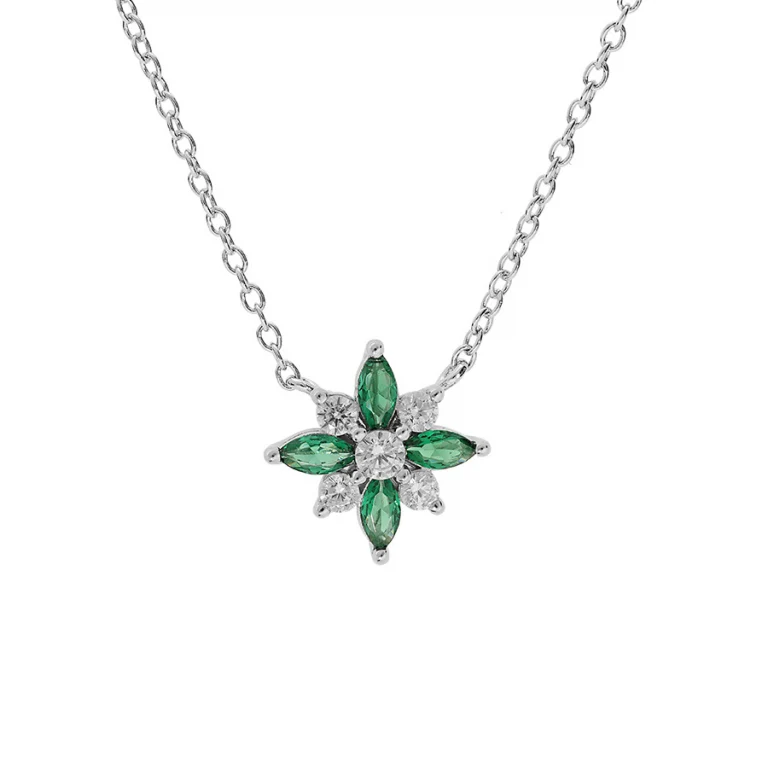 Collier fleur serti d’oxydes blancs et verts – Argent 925 rhodié | Azuline