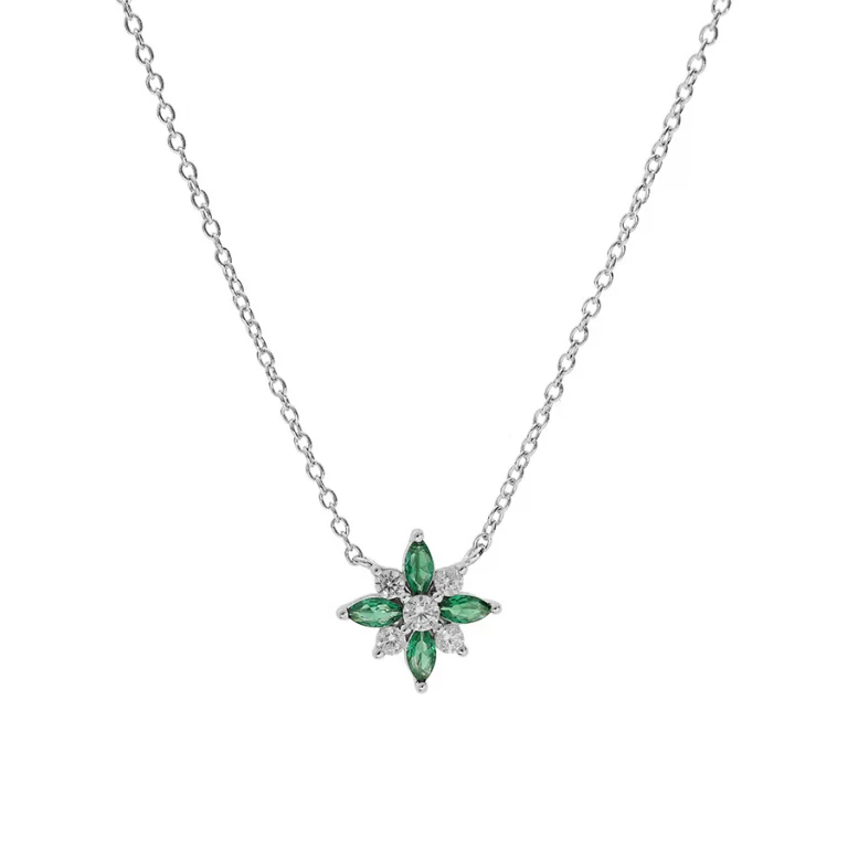 Collier fleur serti d’oxydes blancs et verts – Argent 925 rhodié | Azuline