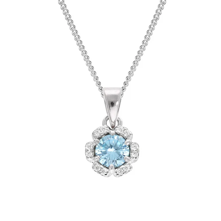 Collier fleur serti d’oxydes bleu ciel et blancs – Argent 925 rhodié | Azuline