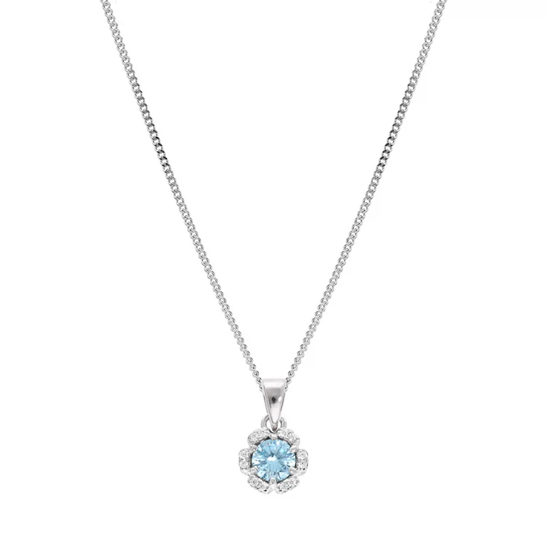 Collier fleur serti d’oxydes bleu ciel et blancs – Argent 925 rhodié | Azuline