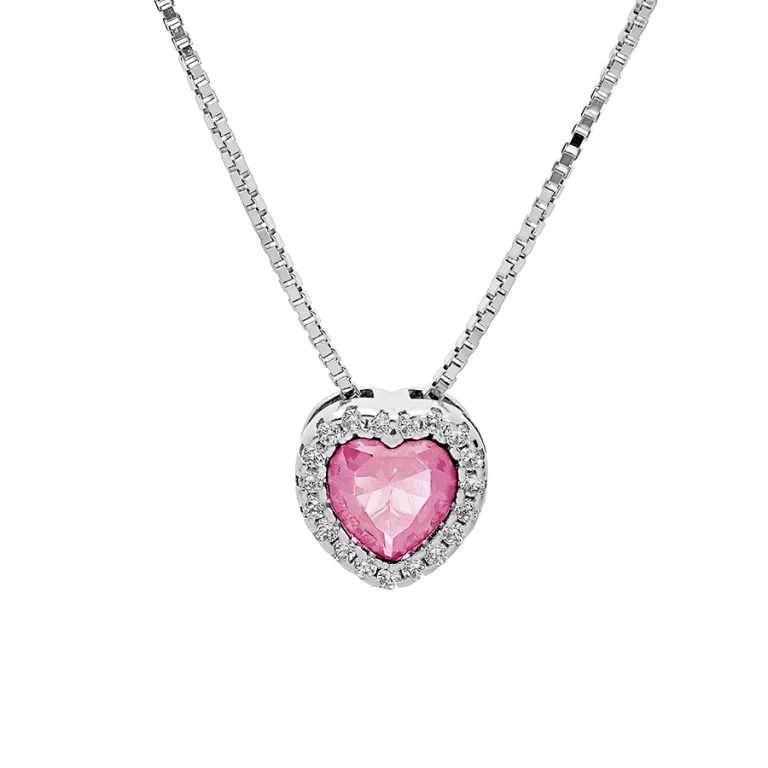 Collier cœur à oxyde rose et oxydes blancs – Argent 925 rhodié | Azuline