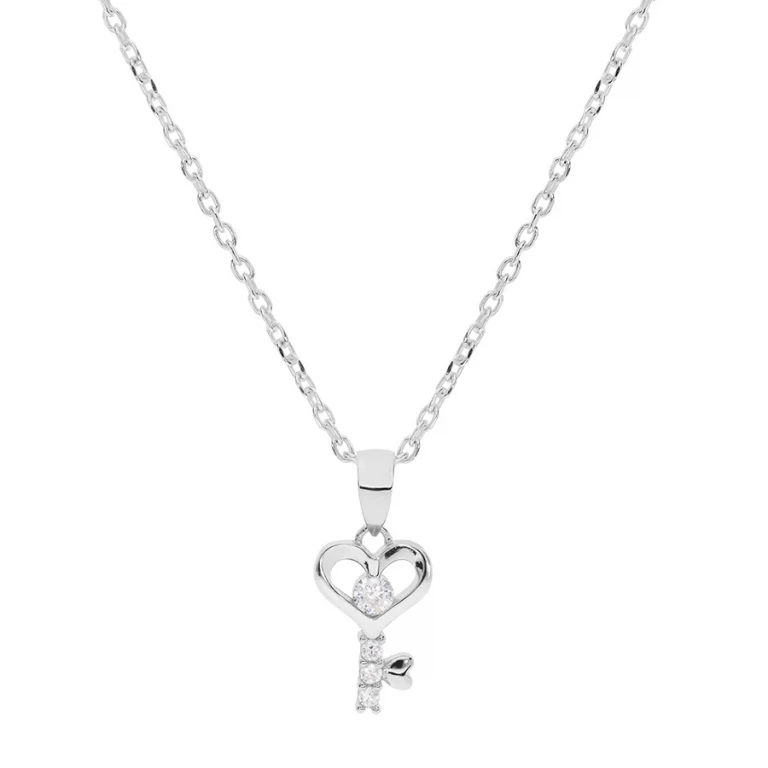 Collier clé au cœur ajouré sertie d’oxydes blancs – Argent 925 rhodié | Azuline