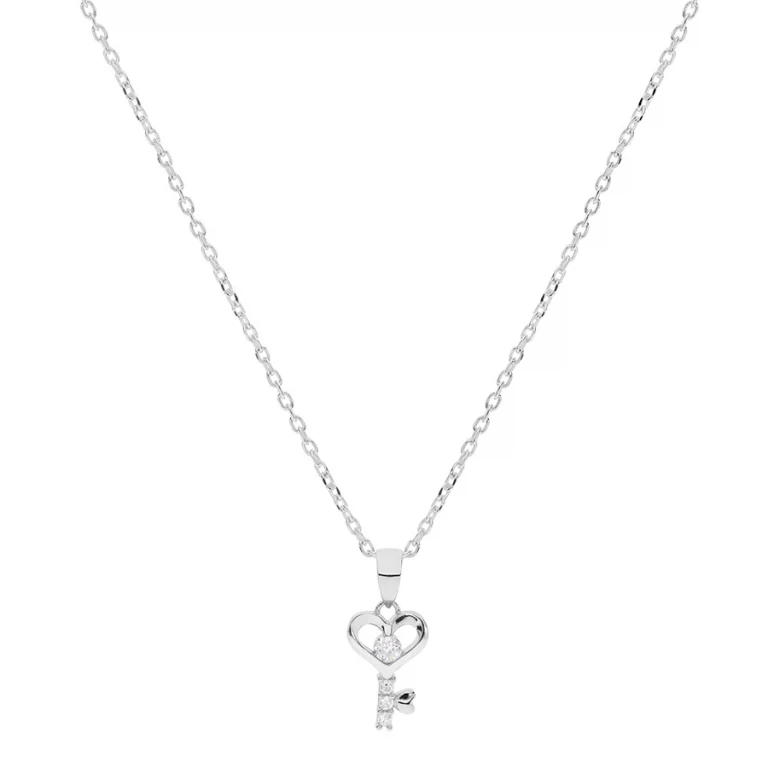 Collier clé au cœur ajouré sertie d’oxydes blancs – Argent 925 rhodié | Azuline