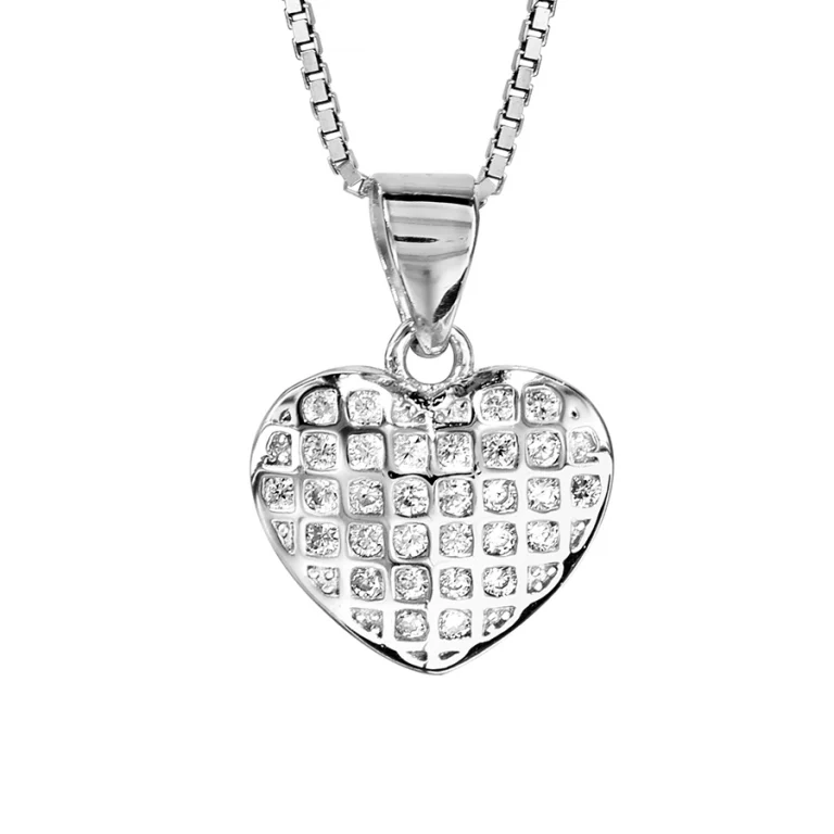 Collier cœur serti d’oxydes blancs texturé – Argent 925 rhodié | Azuline