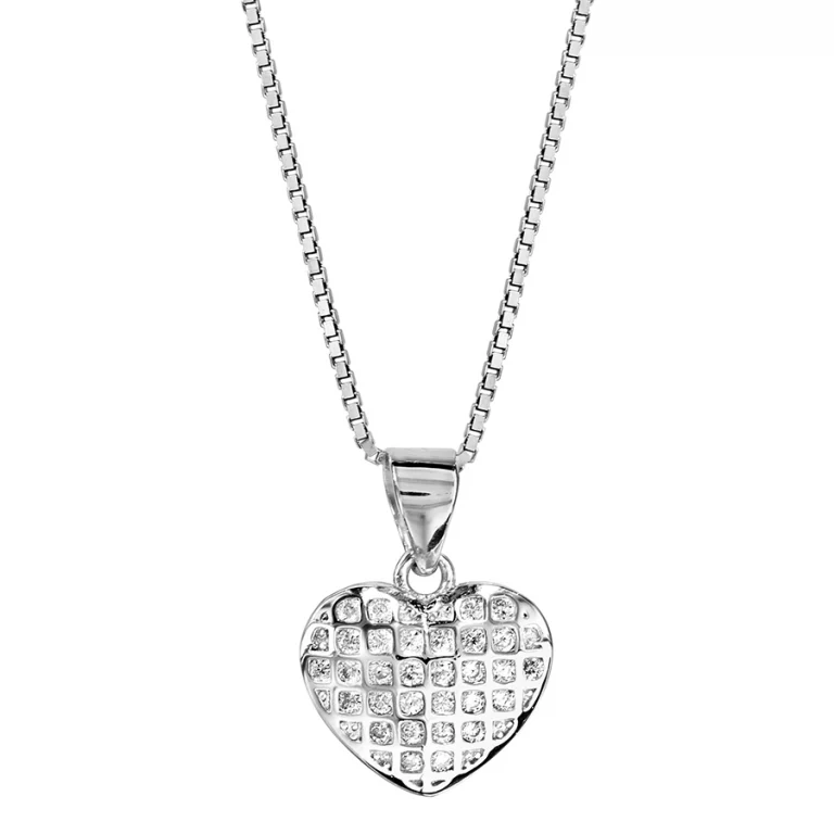 Collier cœur serti d’oxydes blancs texturé – Argent 925 rhodié | Azuline