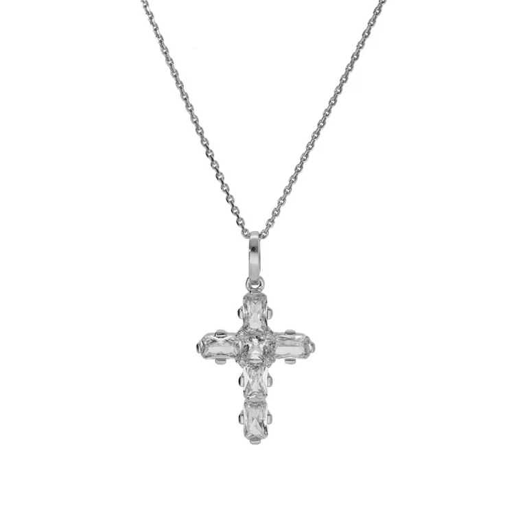 Collier croix d’oxydes ovales blancs – Argent 925 rhodié | Azuline