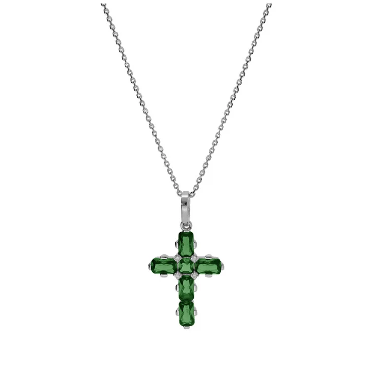 Collier croix d’oxydes ovales verts – Argent 925 rhodié | Azuline