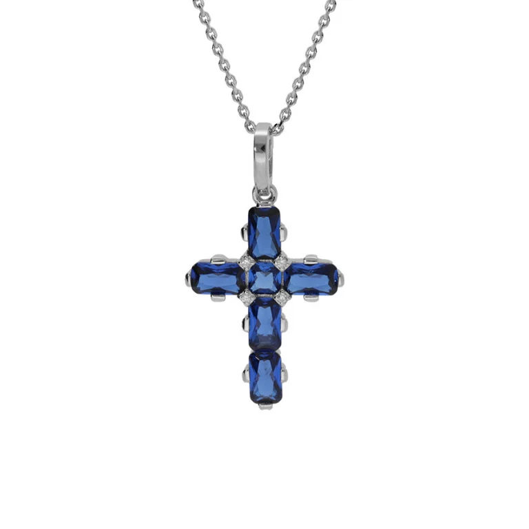 Collier croix d’oxydes ovales bleus – Argent 925 rhodié | Azuline
