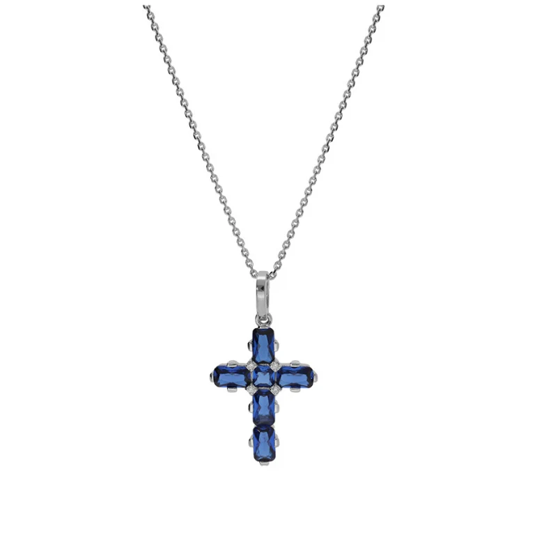 Collier croix d’oxydes ovales bleus – Argent 925 rhodié | Azuline