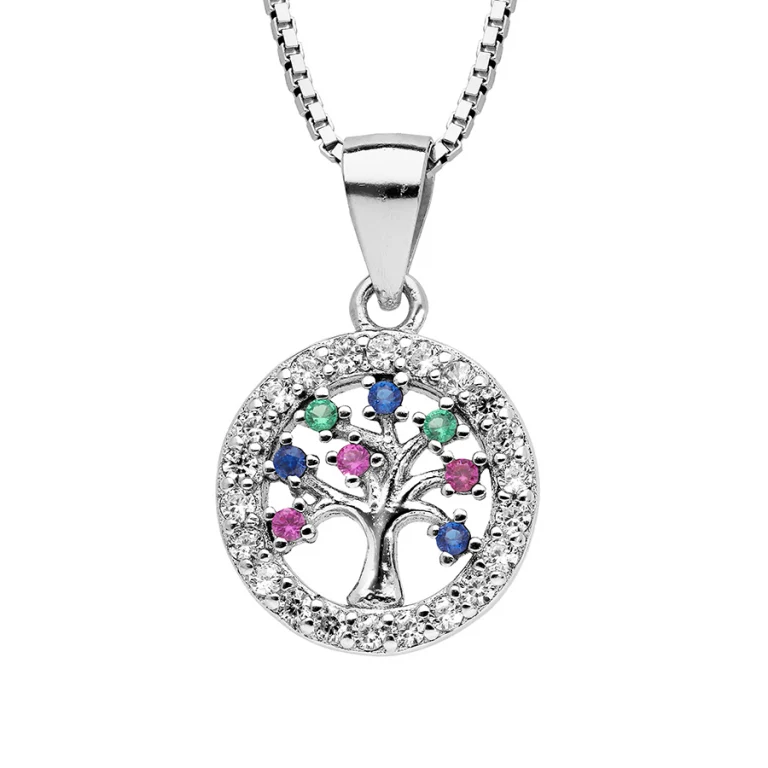 Collier arbre de vie serti d’oxydes blancs, pierres multicolores – Argent 925 rhodié | Azuline