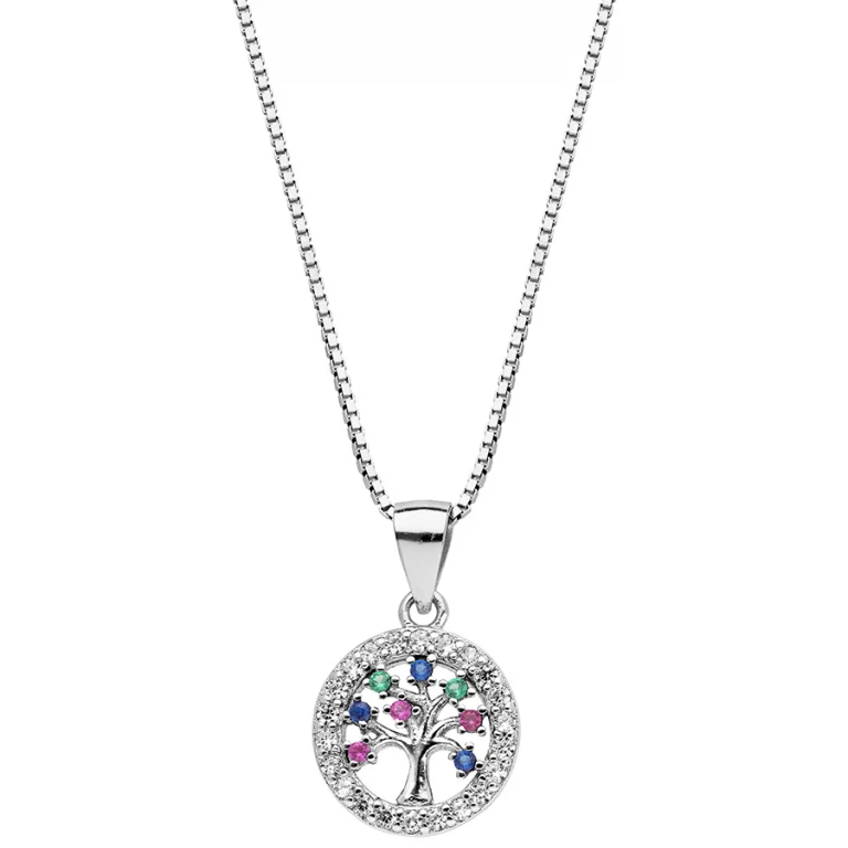 Collier arbre de vie serti d’oxydes blancs, pierres multicolores – Argent 925 rhodié | Azuline