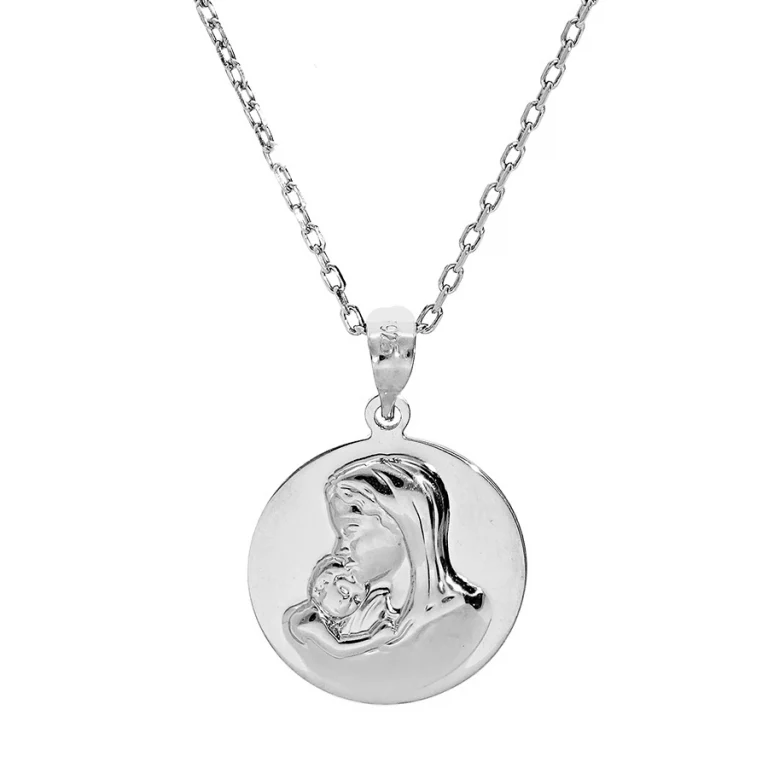Collier médaille Vierge à l’Enfant en relief – Argent 925 rhodié | Azuline