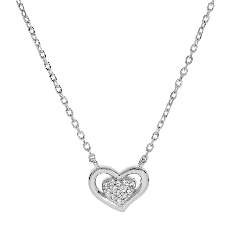Collier cœur contour et cœur pavé – Argent 925 rhodié | Azuline