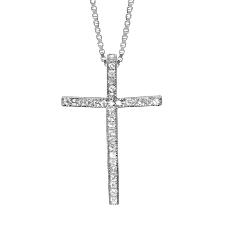 Collier grande croix fine sertie d’oxydes blancs – Argent 925 rhodié | Azuline