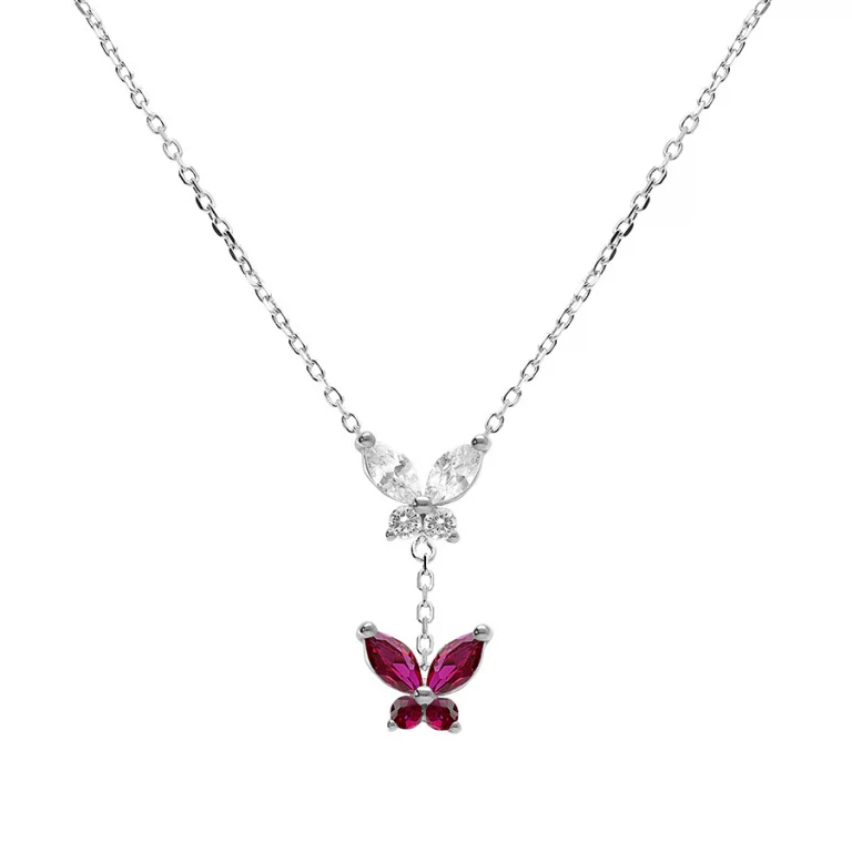 Collier papillons sertis d’oxydes blancs et fuchsia – Argent 925 rhodié | Azuline