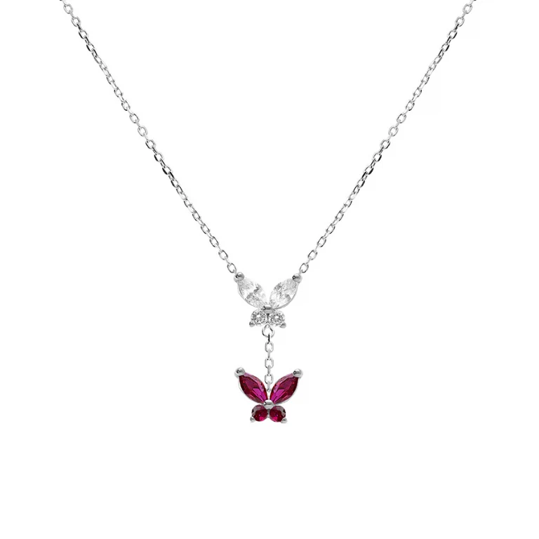 Collier papillons sertis d’oxydes blancs et fuchsia – Argent 925 rhodié | Azuline