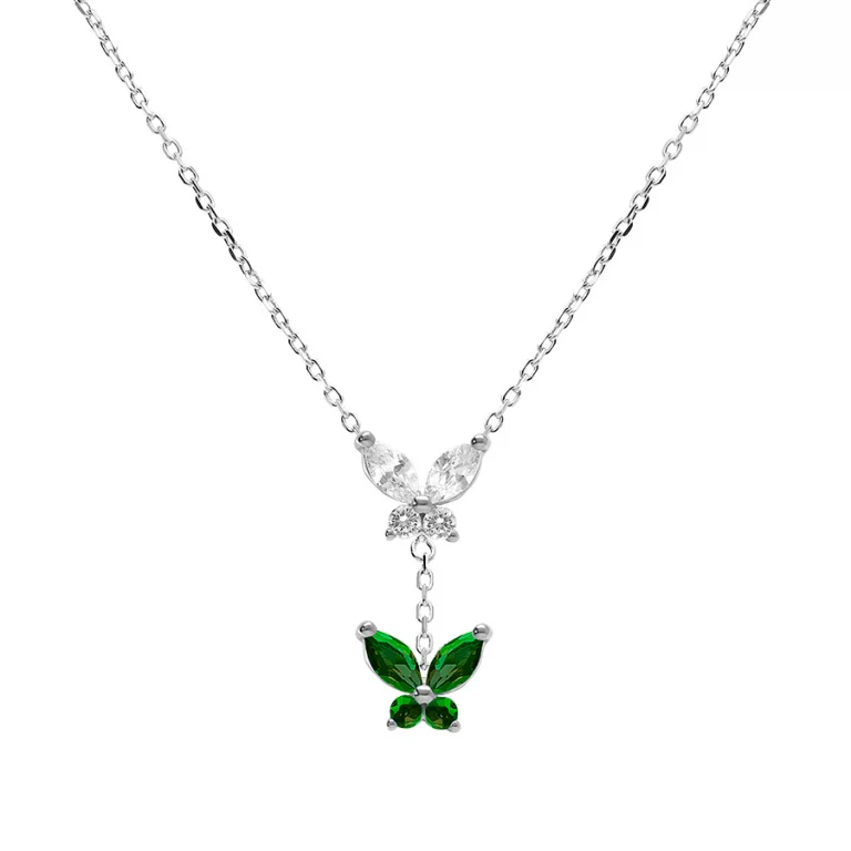 Collier papillons serti d’oxydes blancs et verts – Argent 925 rhodié | Azuline
