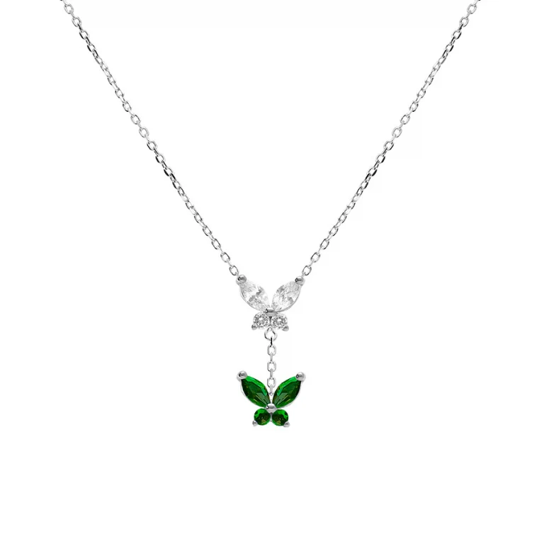 Collier papillons serti d’oxydes blancs et verts – Argent 925 rhodié | Azuline