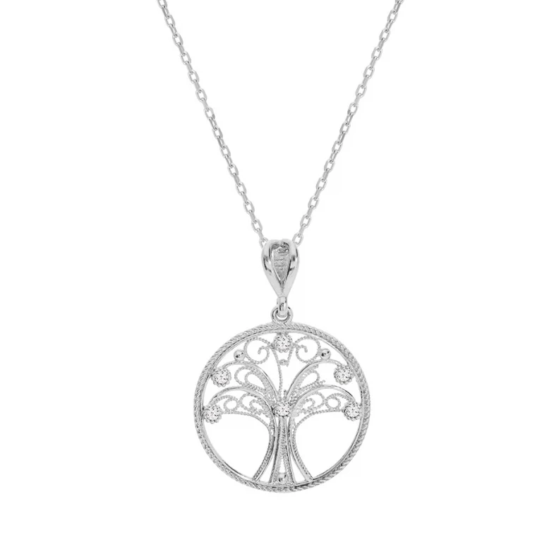 Collier arbre de vie serti d’oxydes blancs filigrané – Argent 925 rhodié | Azuline