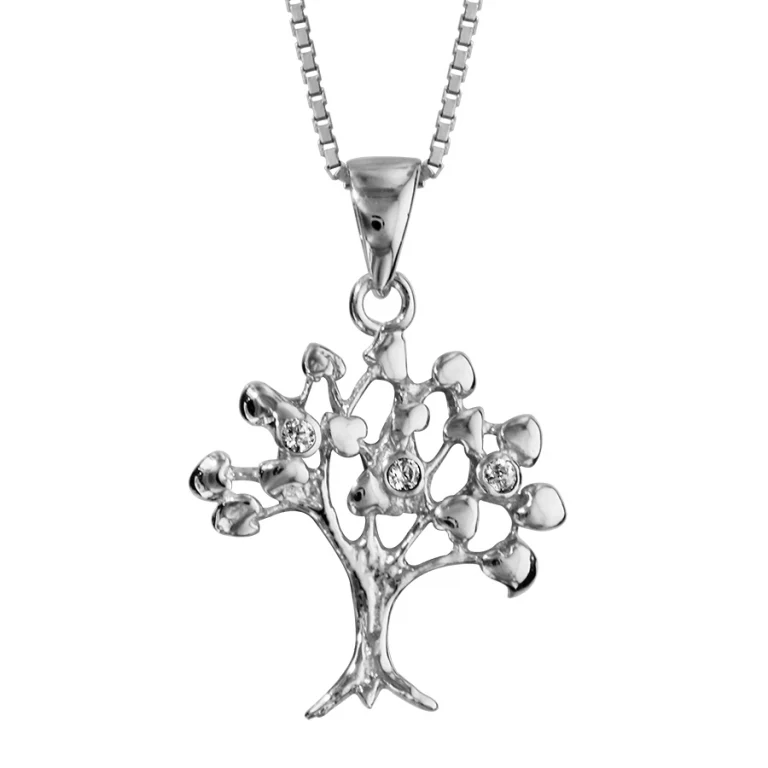 Collier arbre de vie serti d’oxydes blancs texturé – Argent 925 rhodié | Azuline