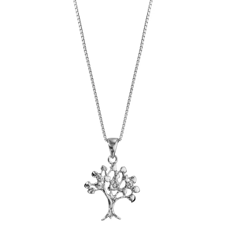Collier arbre de vie serti d’oxydes blancs texturé – Argent 925 rhodié | Azuline