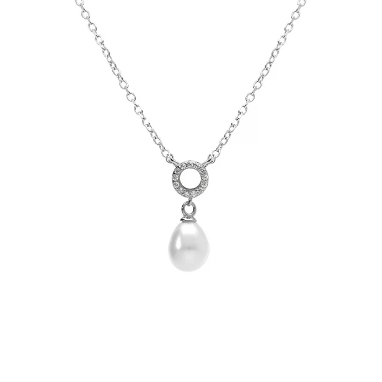 Collier cercle serti d’oxydes et perle goutte imitation – Argent 925 rhodié | Azuline