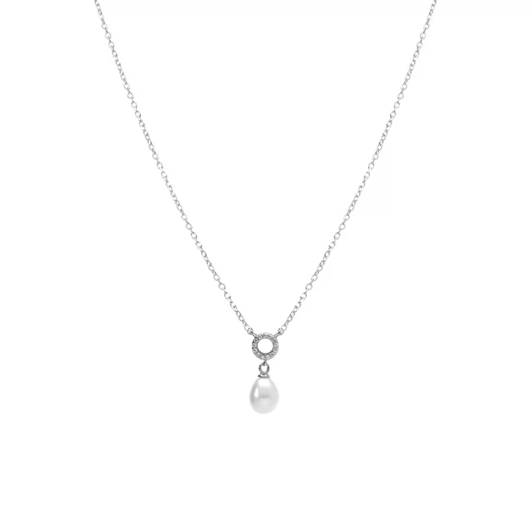 Collier cercle serti d’oxydes et perle goutte imitation – Argent 925 rhodié | Azuline