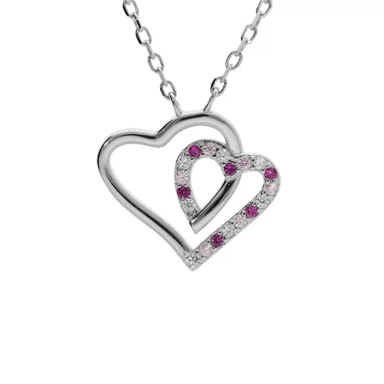 Collier cœur serti d’oxydes blancs et roses – Argent 925 rhodié | Azuline