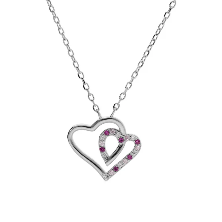 Collier cœur serti d’oxydes blancs et roses – Argent 925 rhodié | Azuline