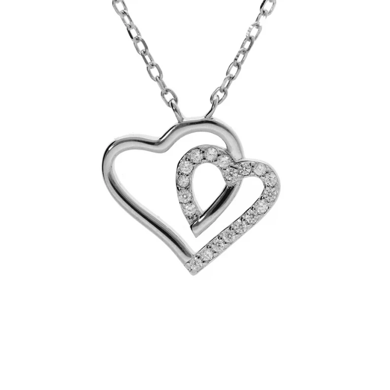 Collier double cœur serti d’oxydes blancs – Argent 925 rhodié | Azuline