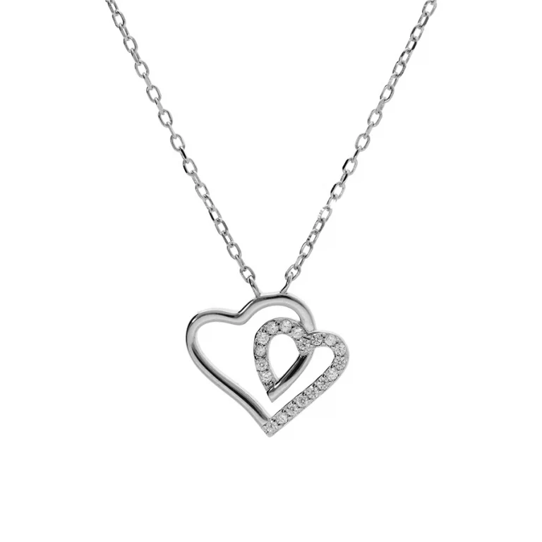 Collier double cœur serti d’oxydes blancs – Argent 925 rhodié | Azuline
