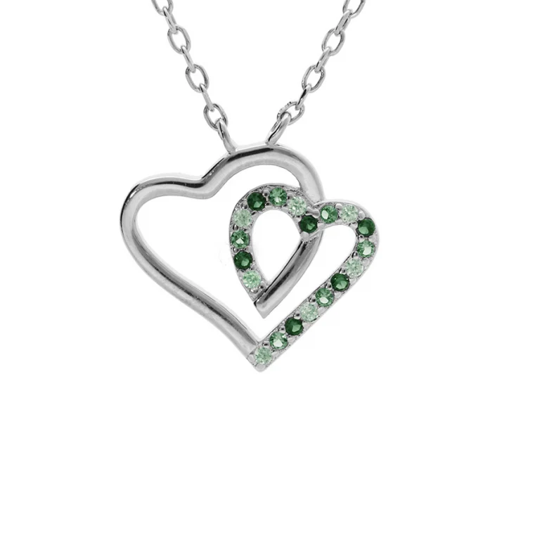 Collier cœur serti d’oxydes verts et blancs double rang – Argent 925 rhodié | Azuline